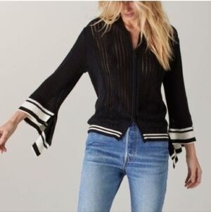 Naadam Zadas Open Knit Cardigan Black Cotton Merino Wool Zip Up Ruffles small